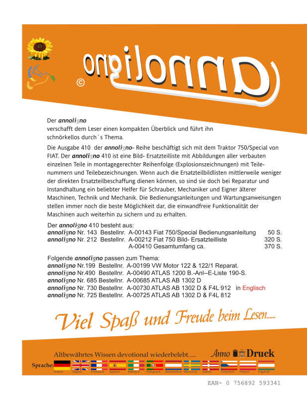 FIAT Schlepper/Traktor Zugmaschine Typ 750/Special Bild- Ersatzteilliste & Explosionszeichnungen - annoligno 410